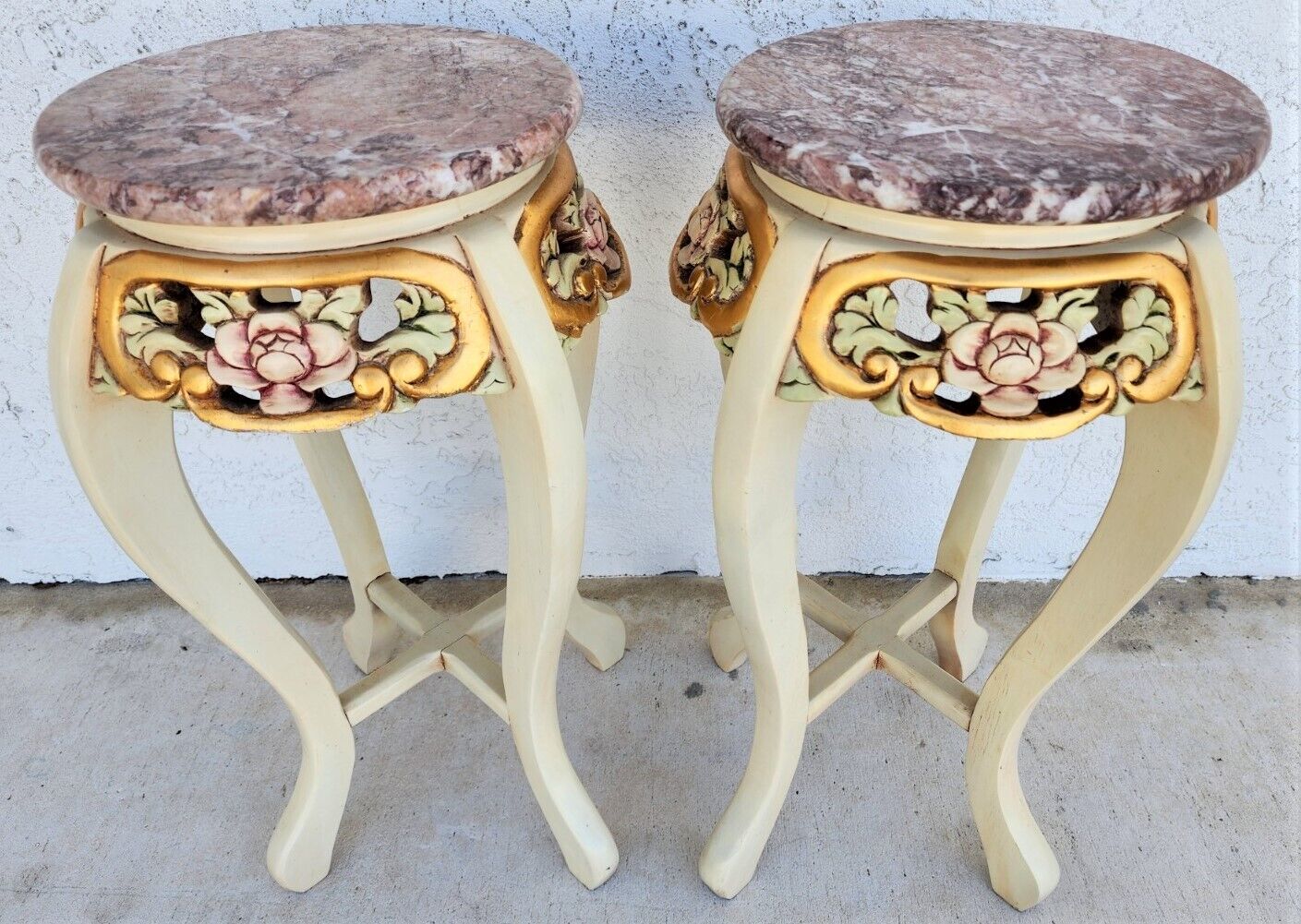 French Side Tables Gold Leaf Gilt Marble Tops