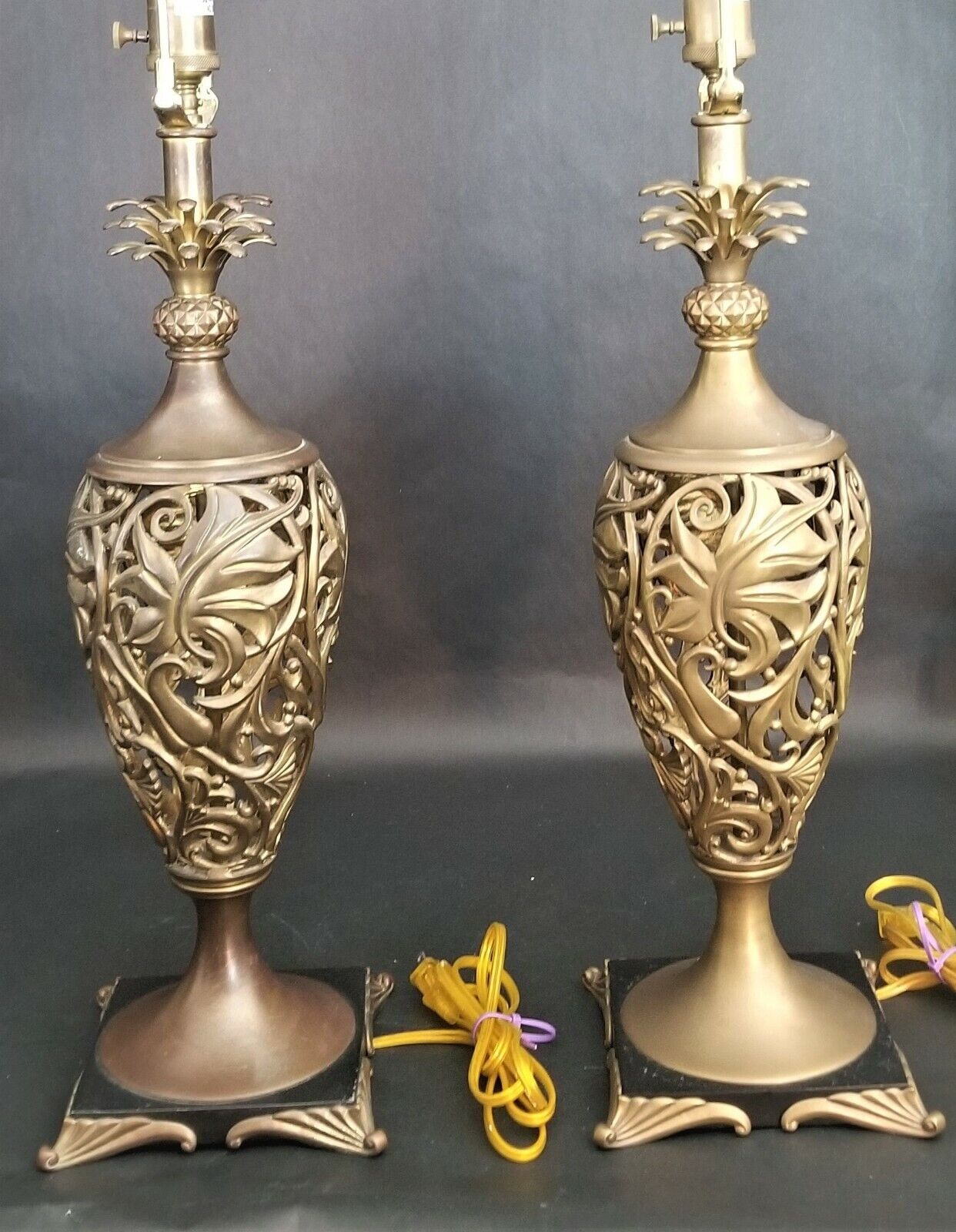 2 High-End Reticulated Pineapple Solid Brass Open Weave Scroll Body Table Lamps