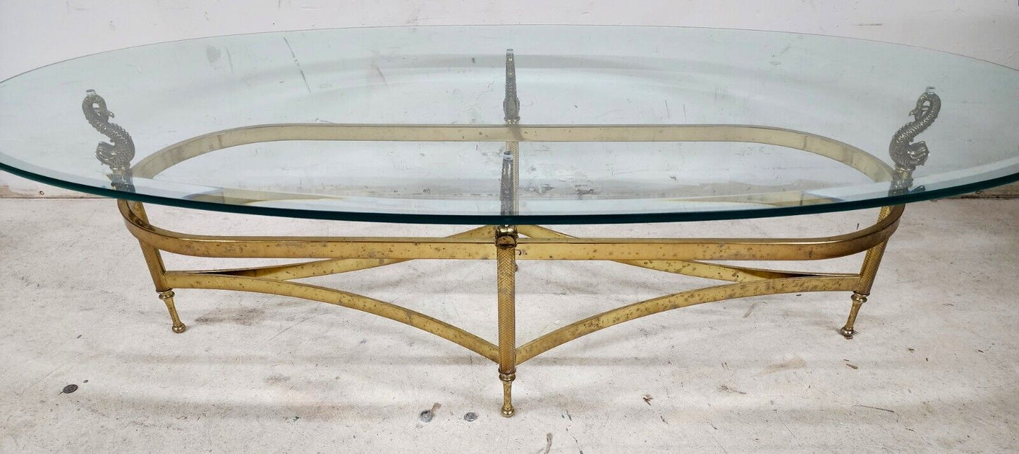 Italian Brass Coffee Table with Dolphins Supporting Glass Top