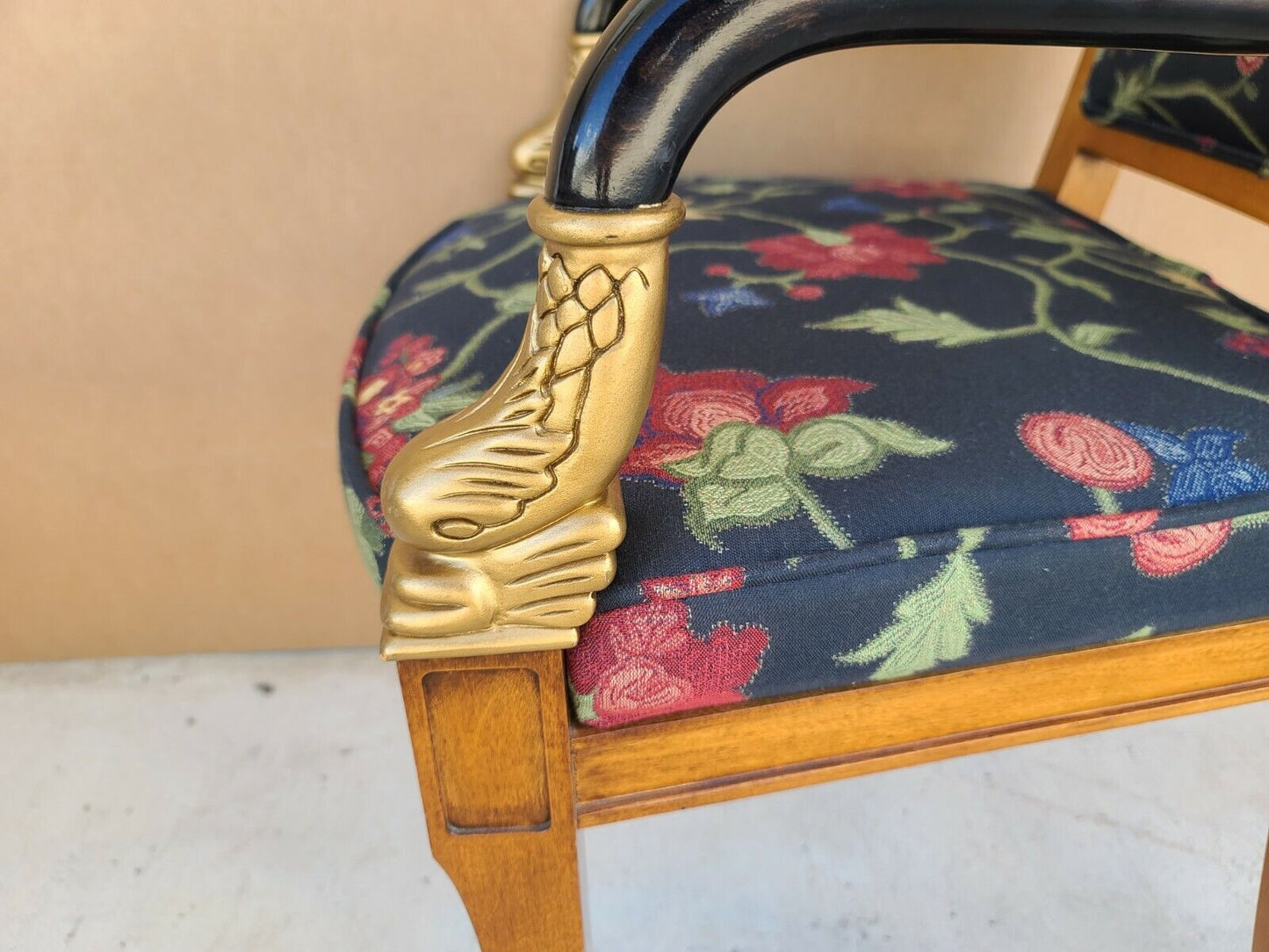 French Directoire Style Ebonized Carved Dolphins Desk Armchair