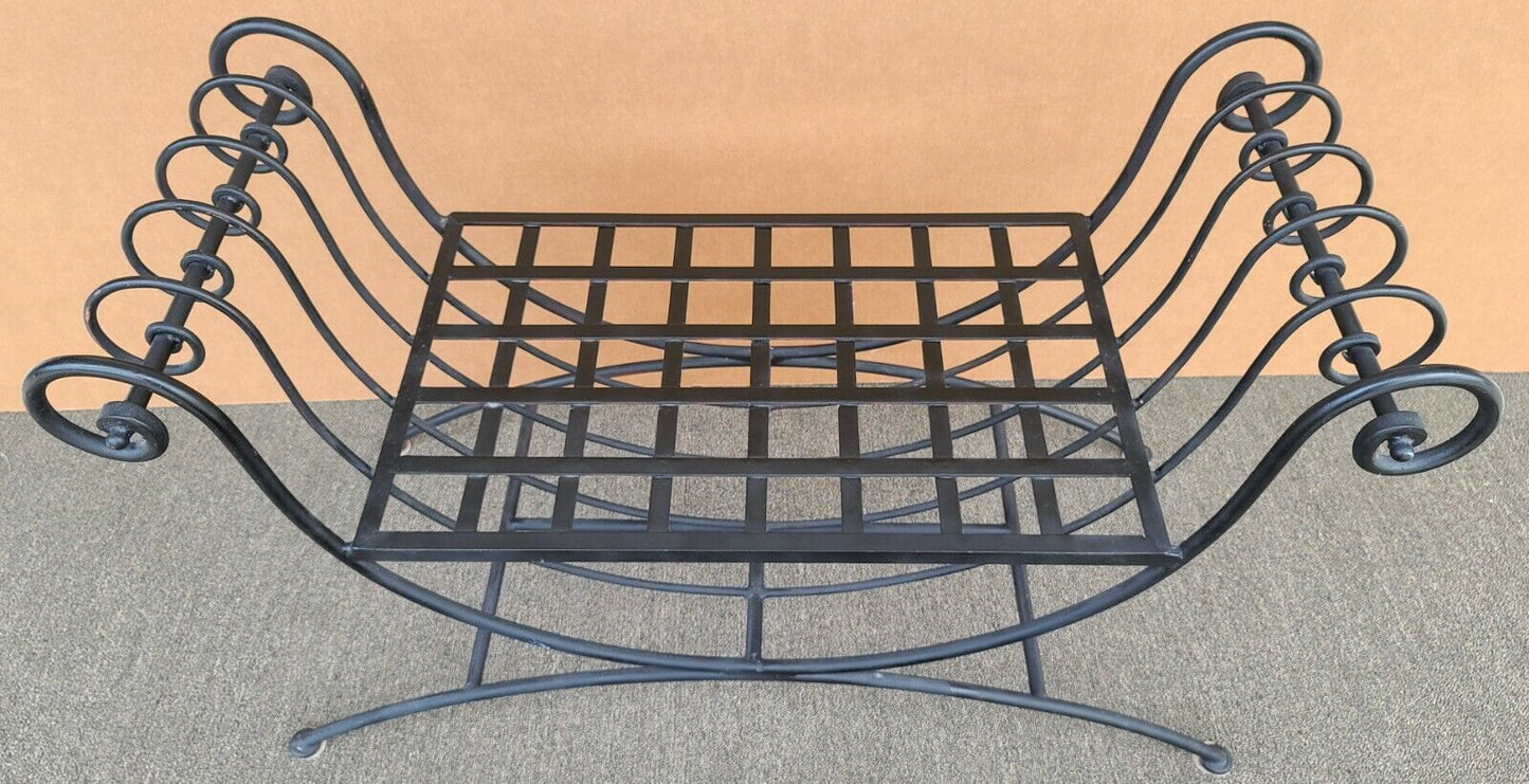 Vintage Italian Scrolled Wrought Iron Bench with Tasseled Faux Leopard Cushion