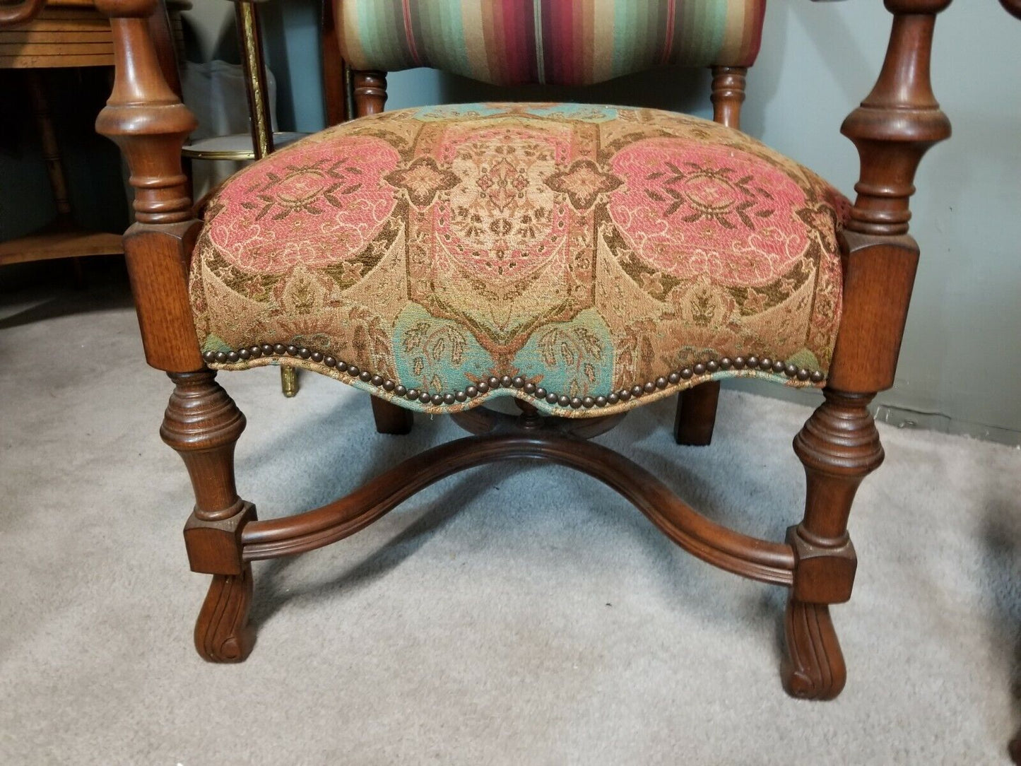 Pair of Antique 1930's French Louis XIV Style Carved Throne Armchairs