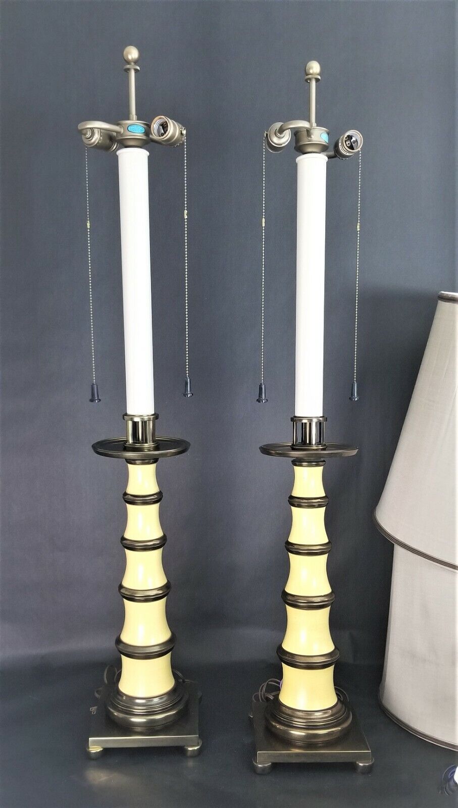 2 Vintage STIFFEL Enamel and Brass Candlestick Lamps with Dupioni Silk Shades
