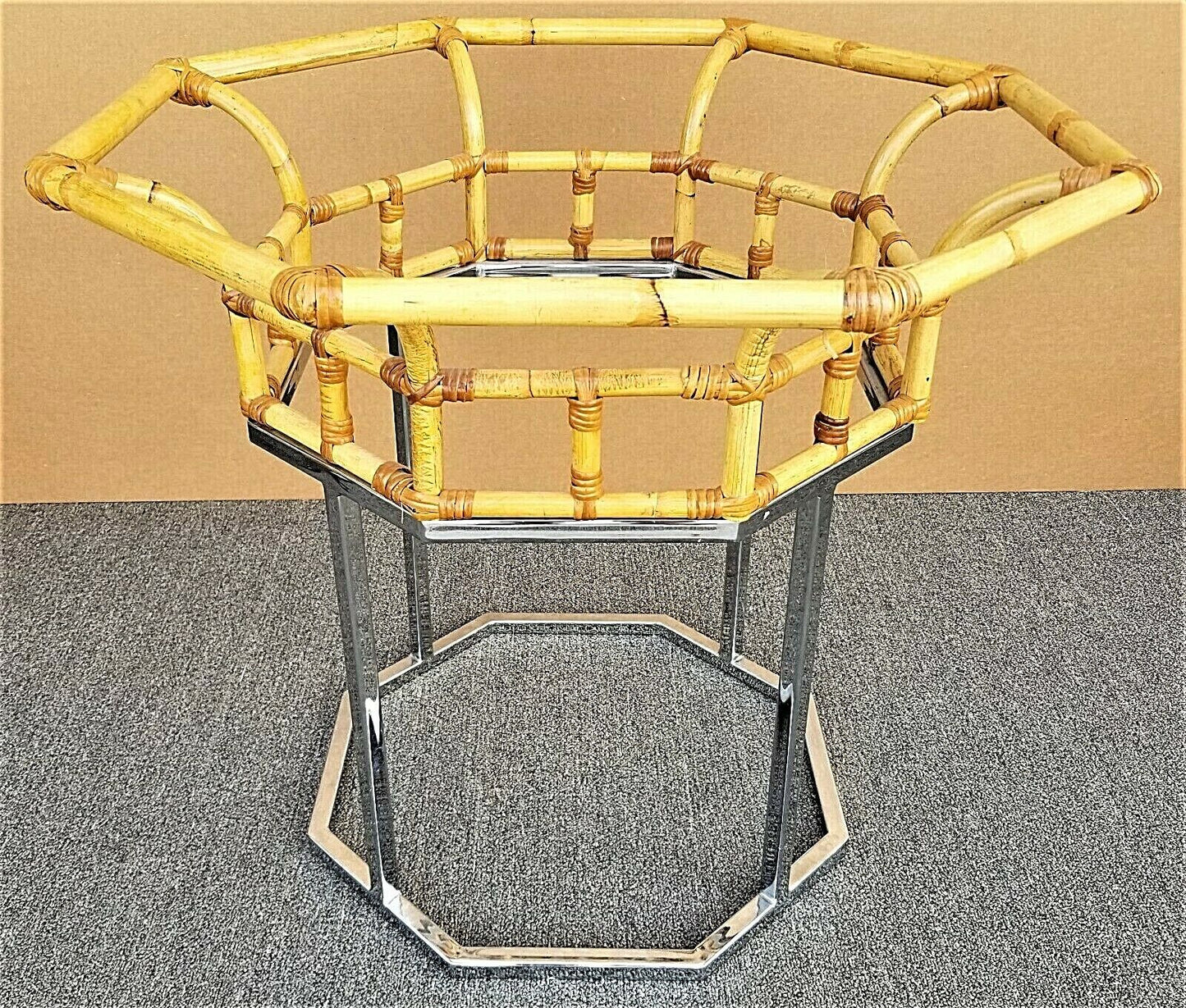 Vintage MCM Milo Baughman Style Chrome Bamboo Rattan Glass Dining Gaming Table