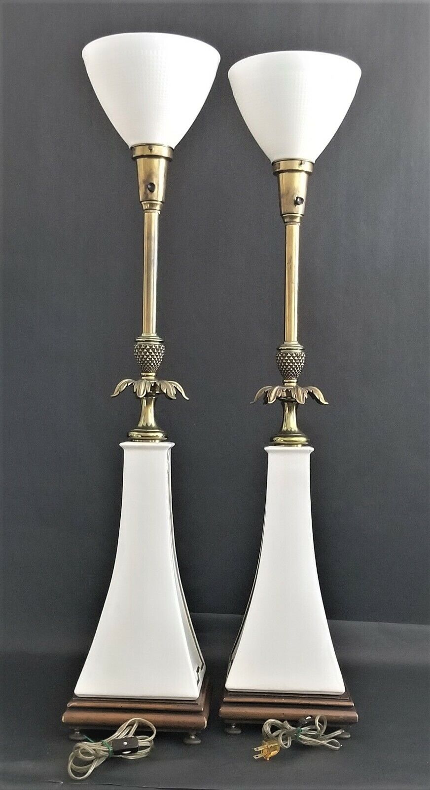 Pair of STIFFEL LENOX Obelisk Torchier Porcelain and Brass Table Lamps