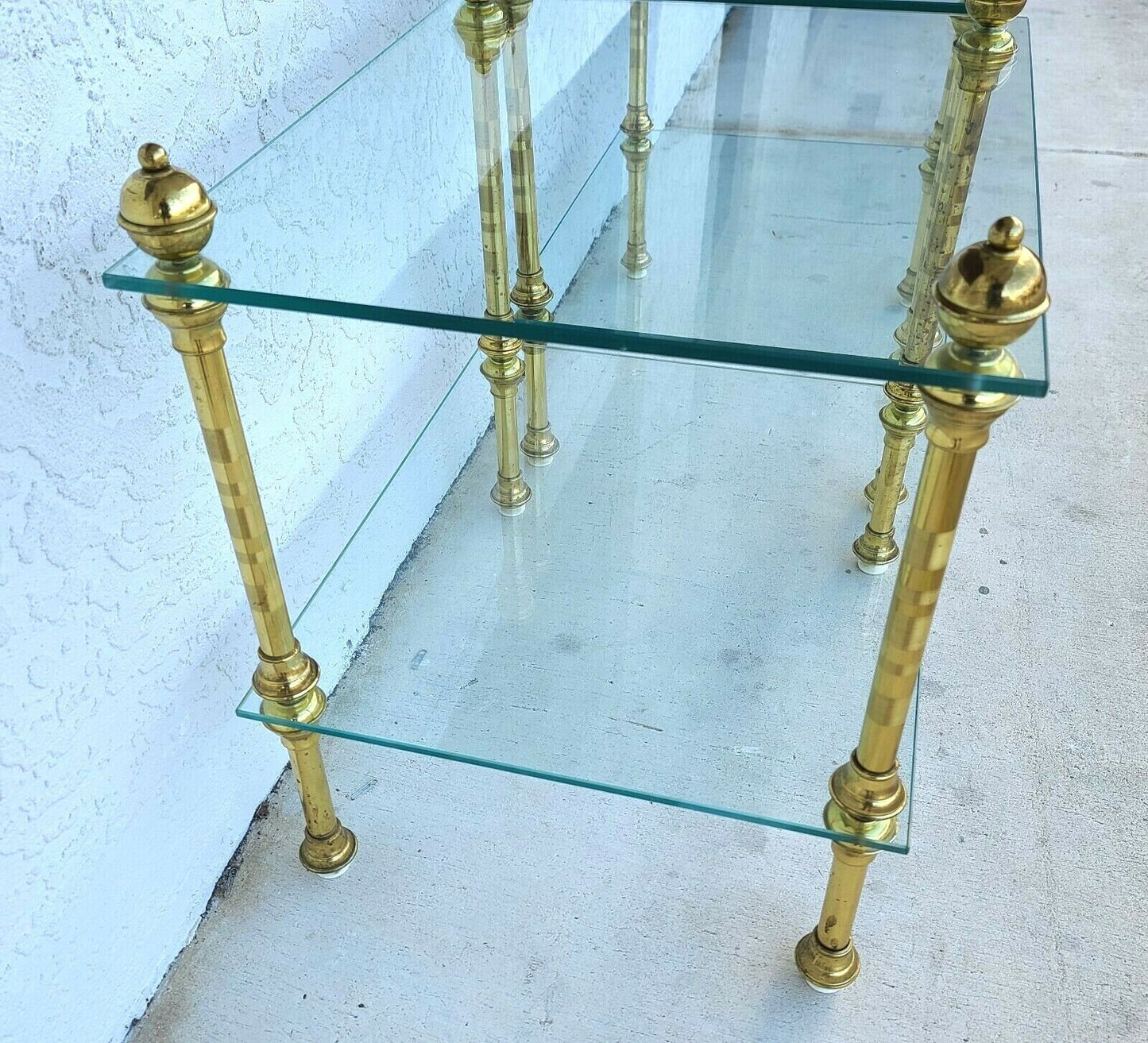 Vintage Pair of 2 Tier Brass & Glass Side End Tables Nightstands