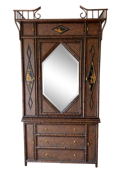 MAITLAND SMITH Asian Chinoiserie Chippendale Wardrobe Armoire Bamboo Wicker