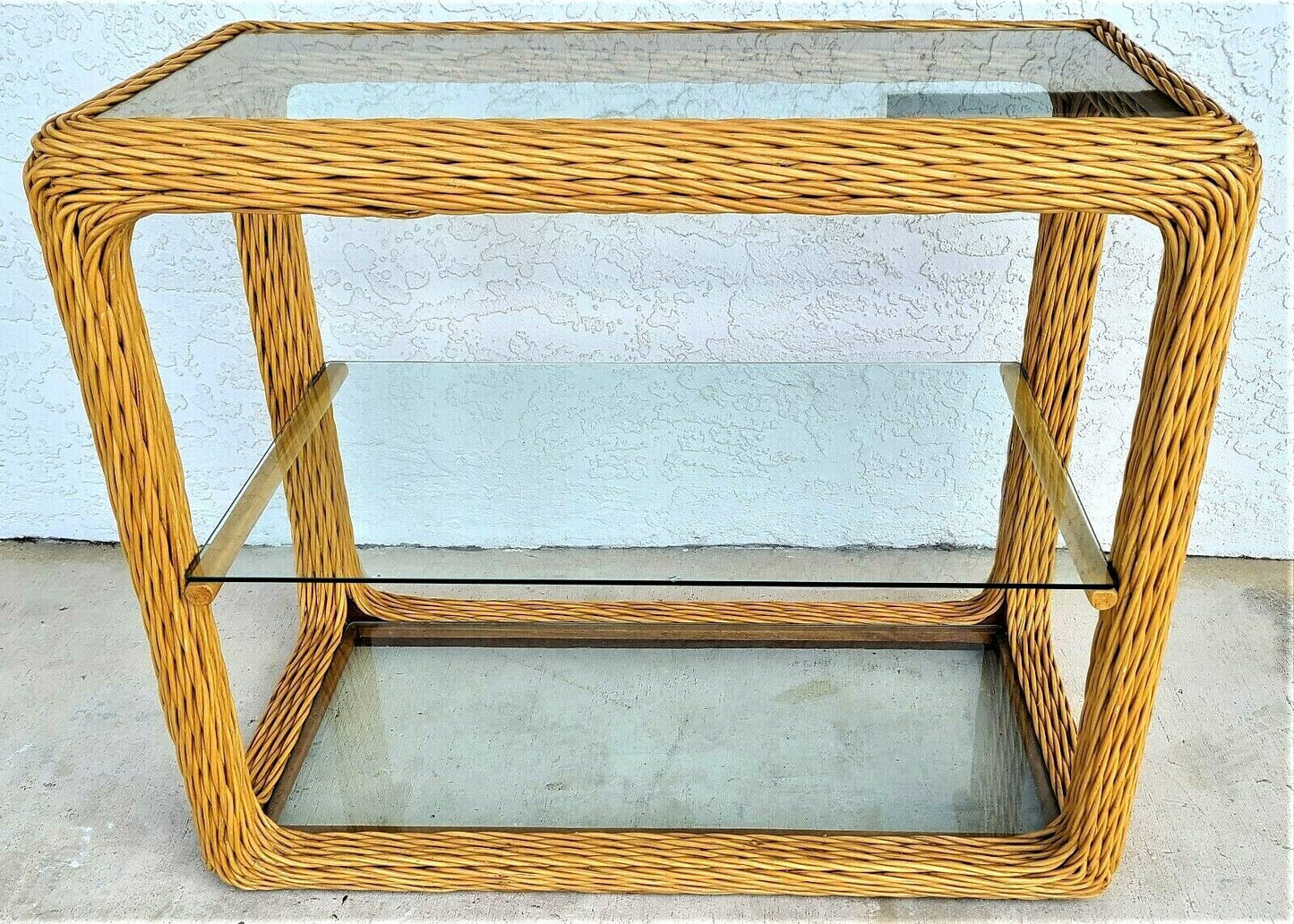 1970's Coastal Pencil Reed Bamboo Rattan Console Dry Bar