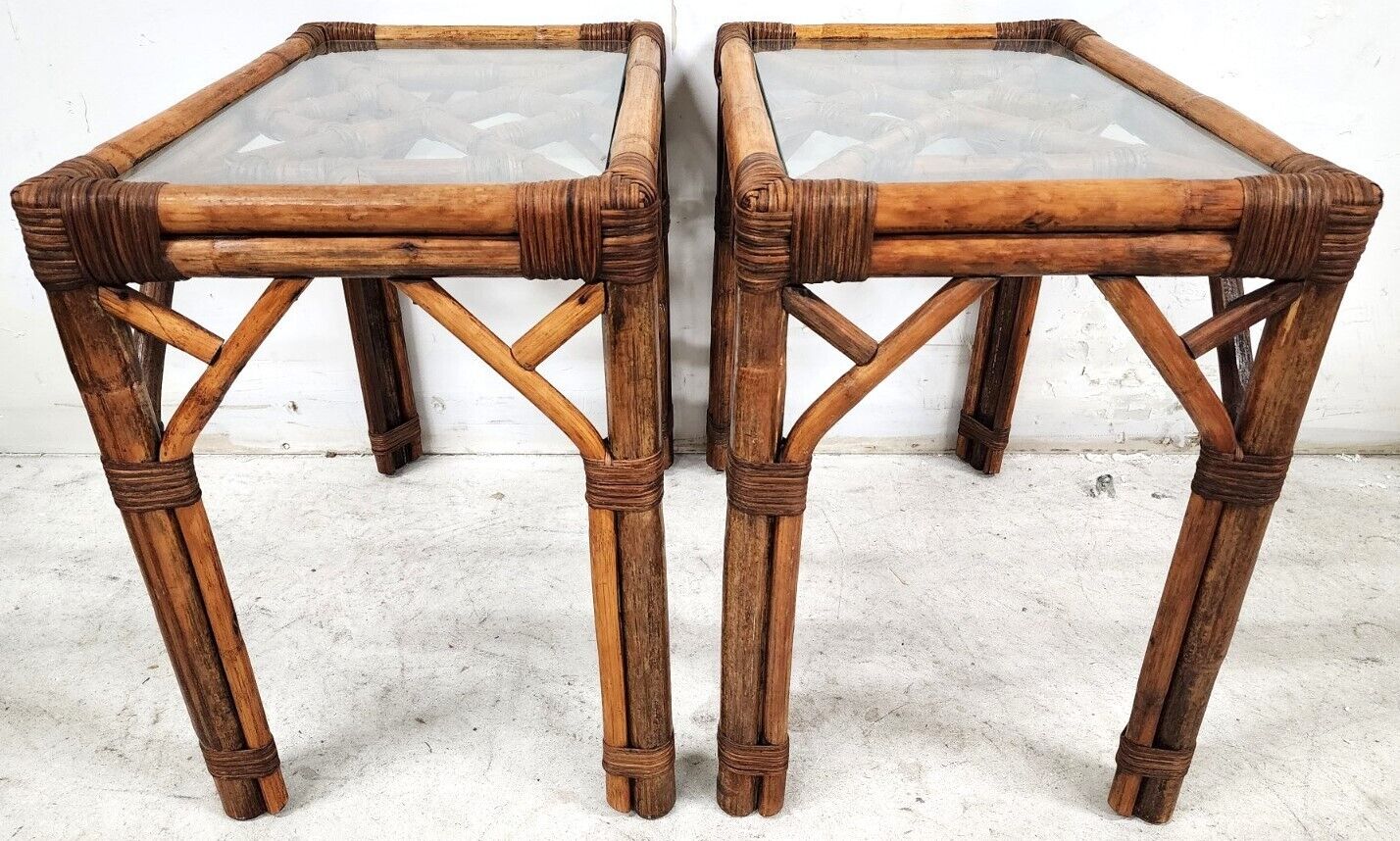 Vintage French Bamboo Rattan Glass Side Tables 1960s - A Pair
