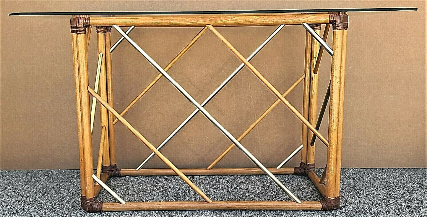 Vintage MCM Bamboo Rattan Brass & Glass Console Sofa Entryway Table