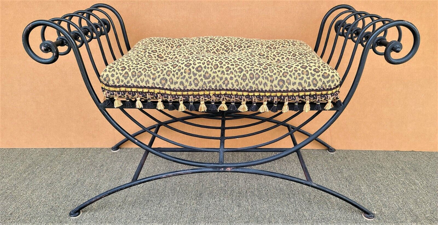 Vintage Italian Scrolled Wrought Iron Bench with Tasseled Faux Leopard Cushion