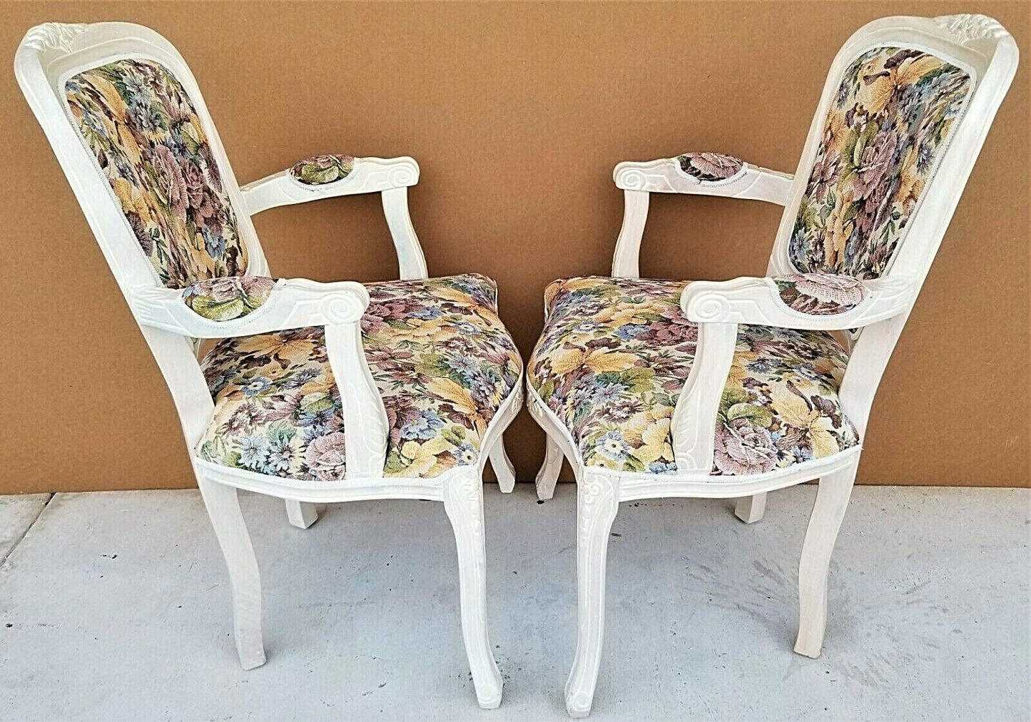 (2) Vintage Shabby Chic French Provincial Pearled Fauteuil Floral Tapestry Armchairs