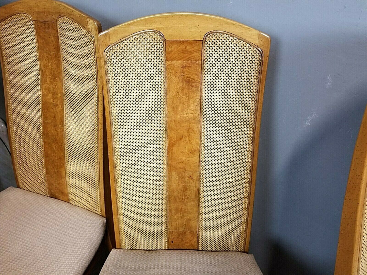 Set of (6) MCM UNIVERSAL FURNITURE Cane + Burl Splat Back Dining Chairs