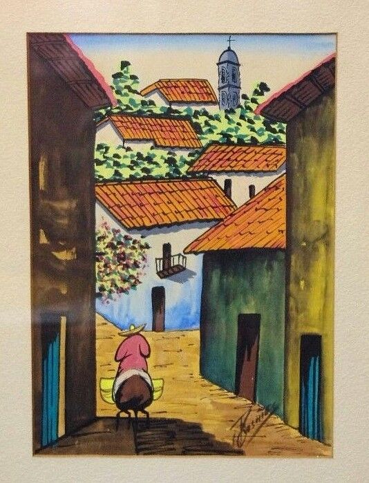 Vtg Mid Century Gouache Watercolor Signed By G Rosales (Mexican) Village