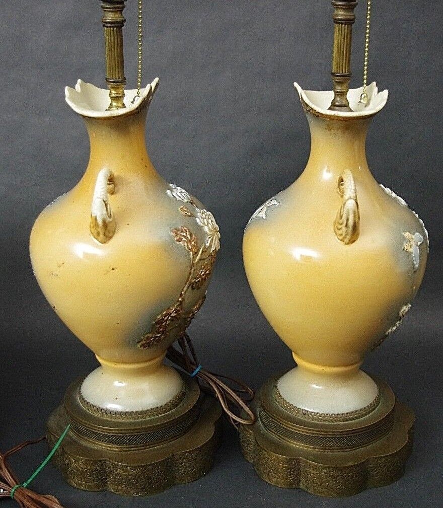 2 Mid Century MAO PERIOD Amphora Elephants Butterflies Flowers Chinese Table Lamps