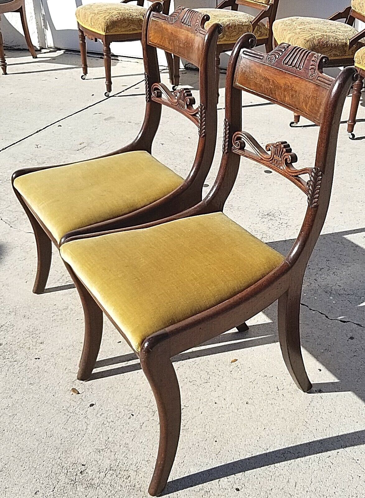 (1) ONLY William IV ca 1830 Hand Carved Mahogany Chairs Burl Bar Back Brass Inlay