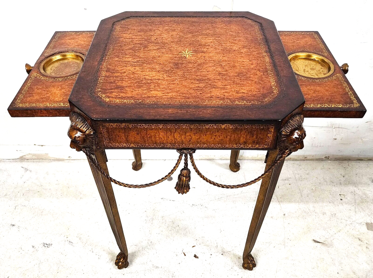 Maitland Smith Style Bronze Lions Rope & Tassel Side Drink Table