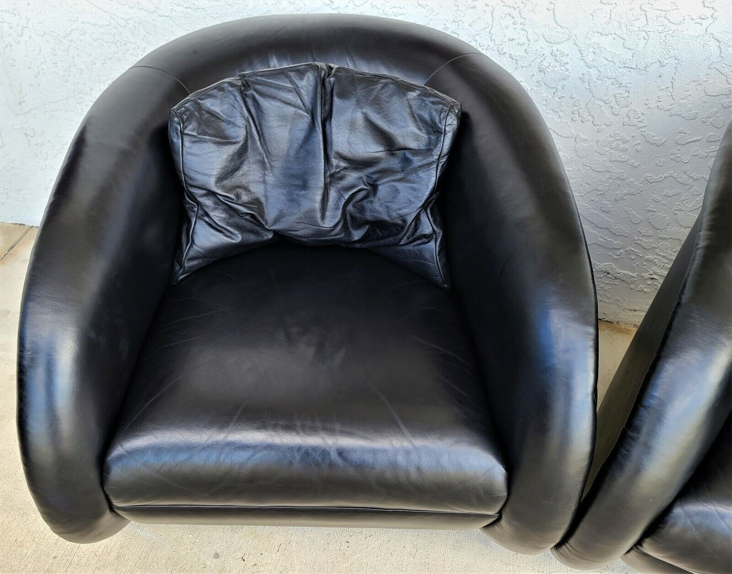 Mid Century Modern Black Leather Swivel Barrel Lounge Chairs by PREVIEW - A Pair