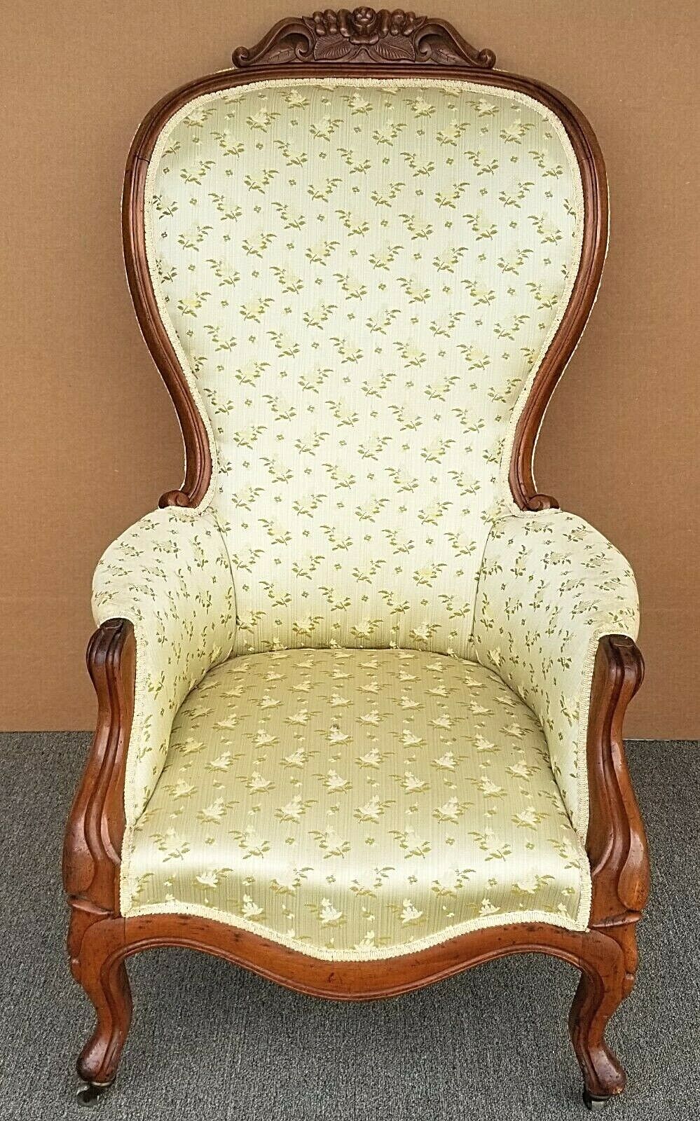 Antique 1800's Victorian Balloon Back Parlor Carved Walnut Armchair