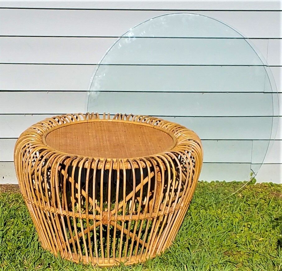 FRANCO ALBINI Style MCM Bamboo Rattan Wicker Bentwood Coffee Table w Glass