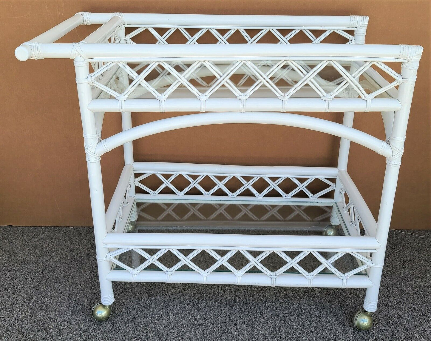 Vintage Palm Beach Coastal Bamboo & Glass 2 Tier Dry Bar Serving Cart Trolley