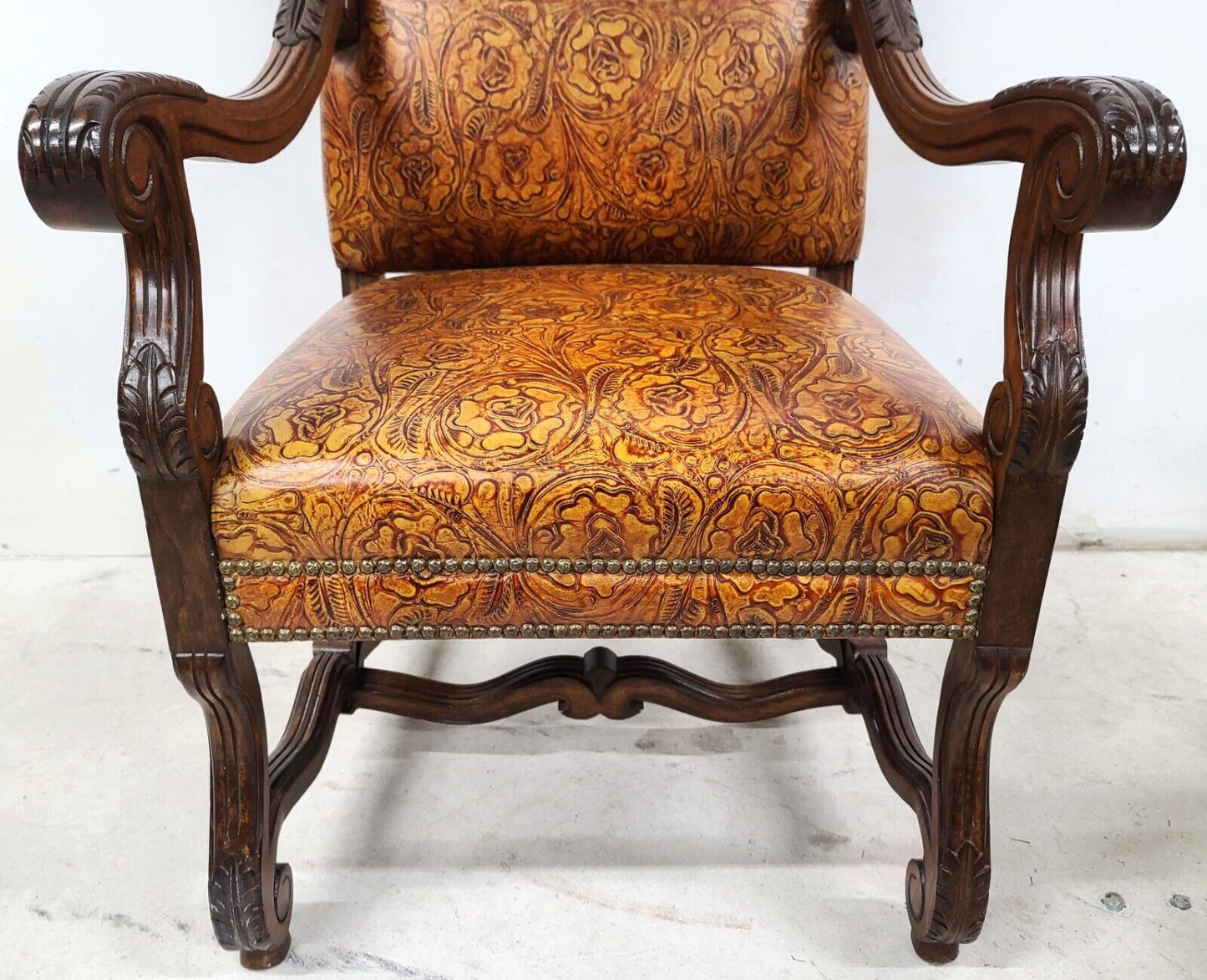 Antique French Hand Colored Tooled Leather Throne Armchair