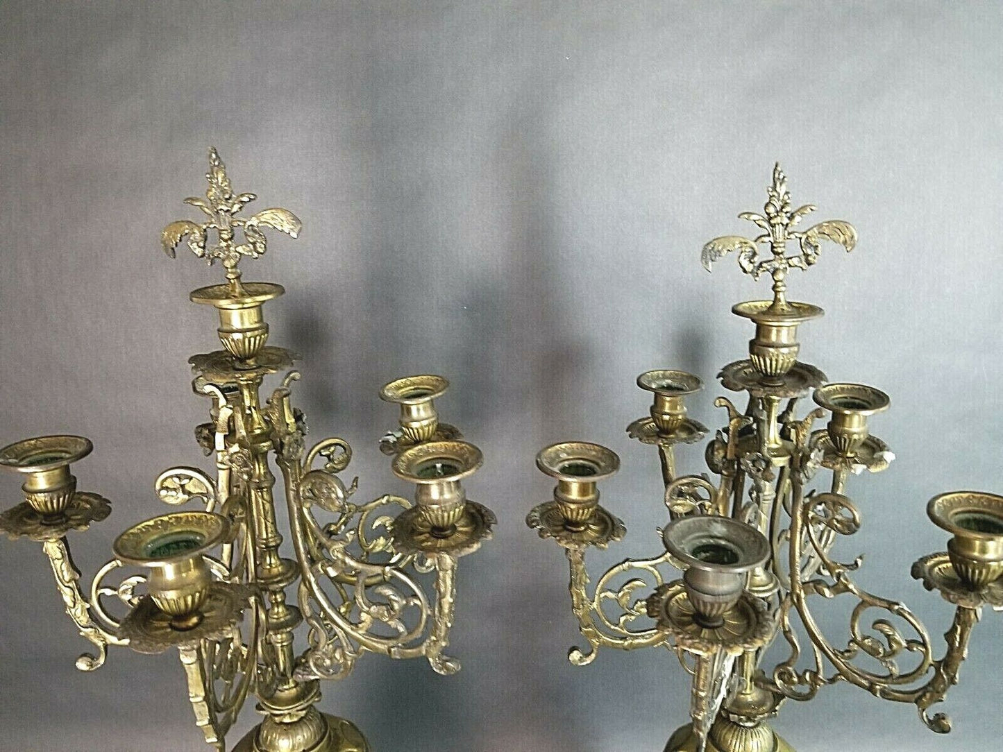 (2) Antique Italian Ornate Bronze French Louis XV Rococo 6 Point Candelabras