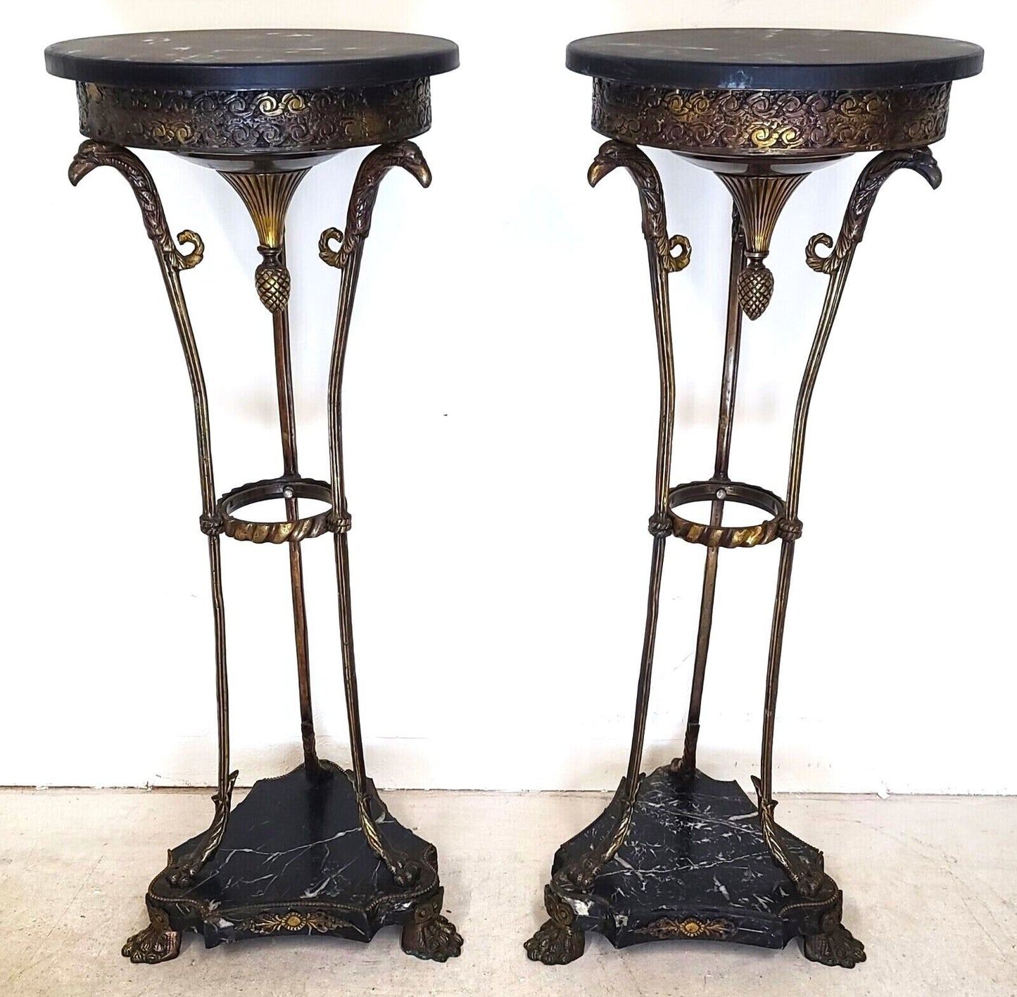 Antique Grand Entrance Italian Brass Griffins & Marble Display Stands - A Pair