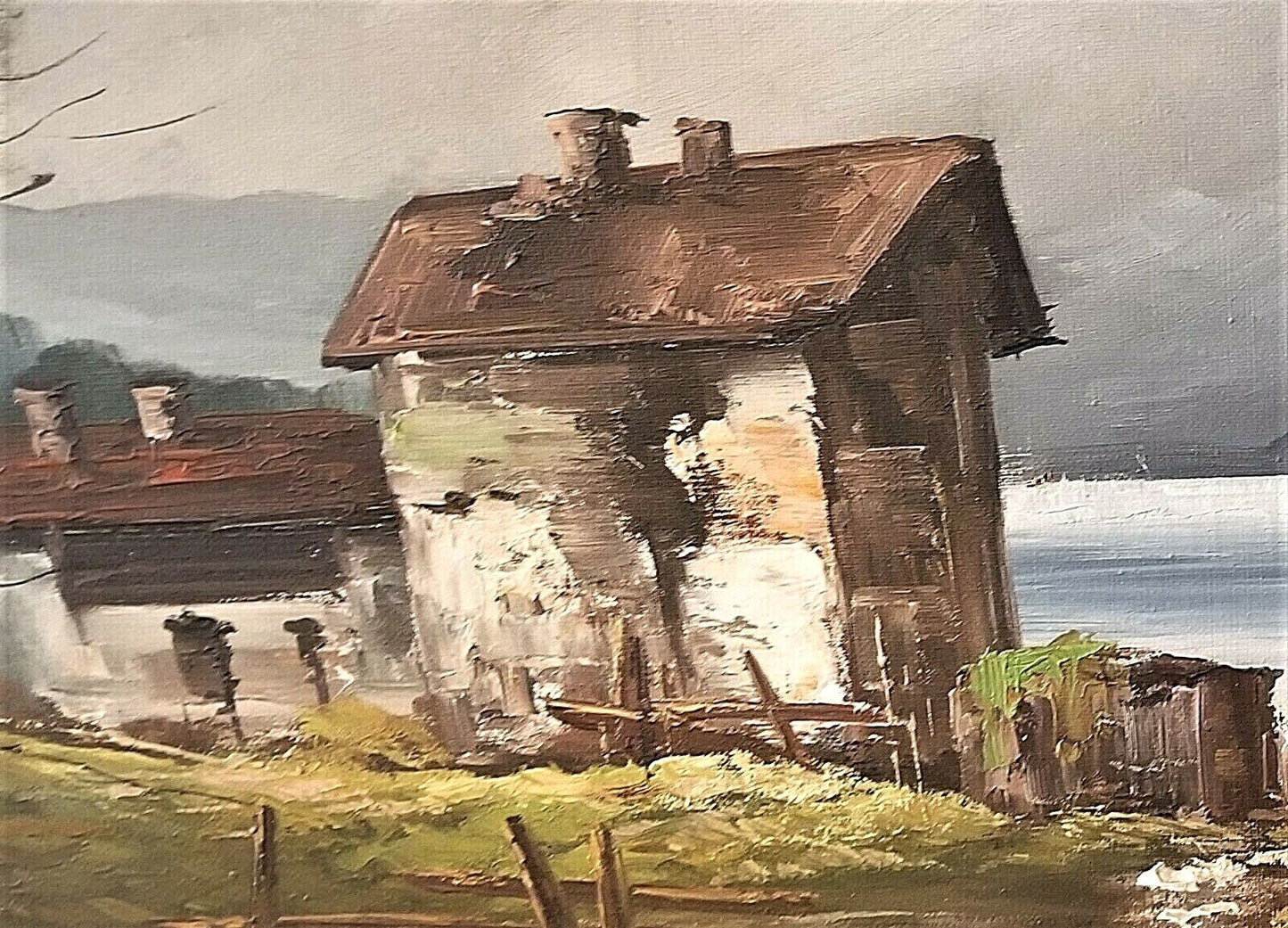 Wonderful Mid Century Artist Signed Italian Lakeside Landscape Oil Painting