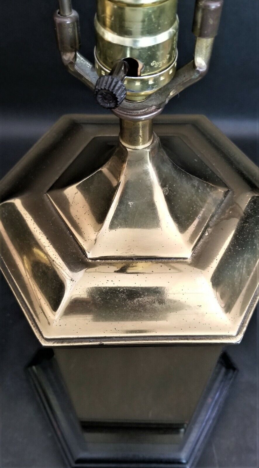 (2) Vintage Brass Asian Chinoiserie Hexagon Cannister Ginger Jar Table Lamps