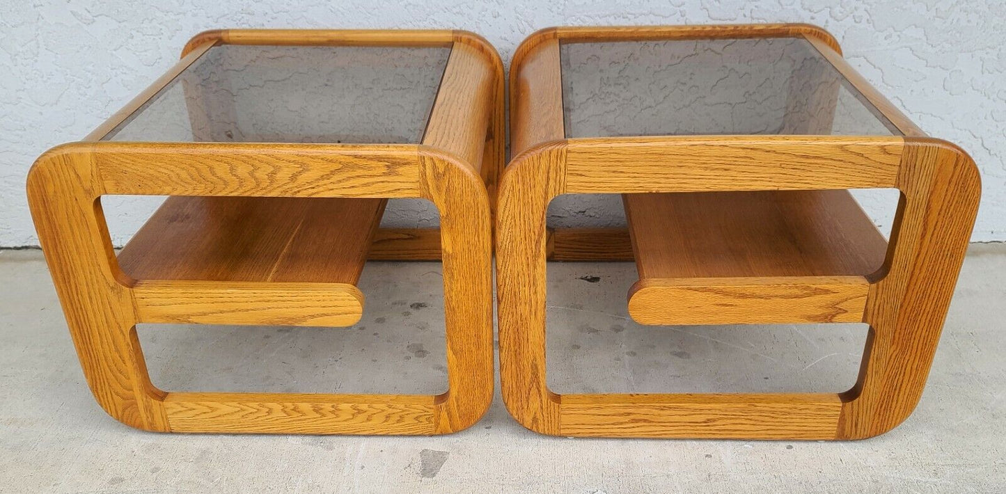 (2) 1970's Mid Century Modern Hodges Mersman Oak Smoked Glass End Tables