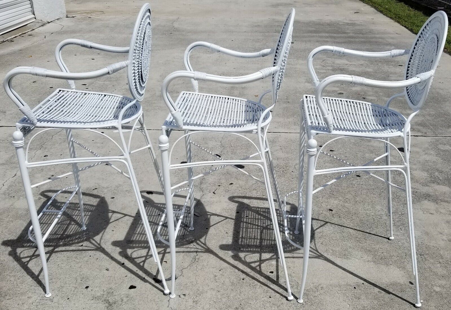 Set of 3 Palm Beach Coastal White Wrought Iron Bar Stools Bamboo Rattan Bentwood