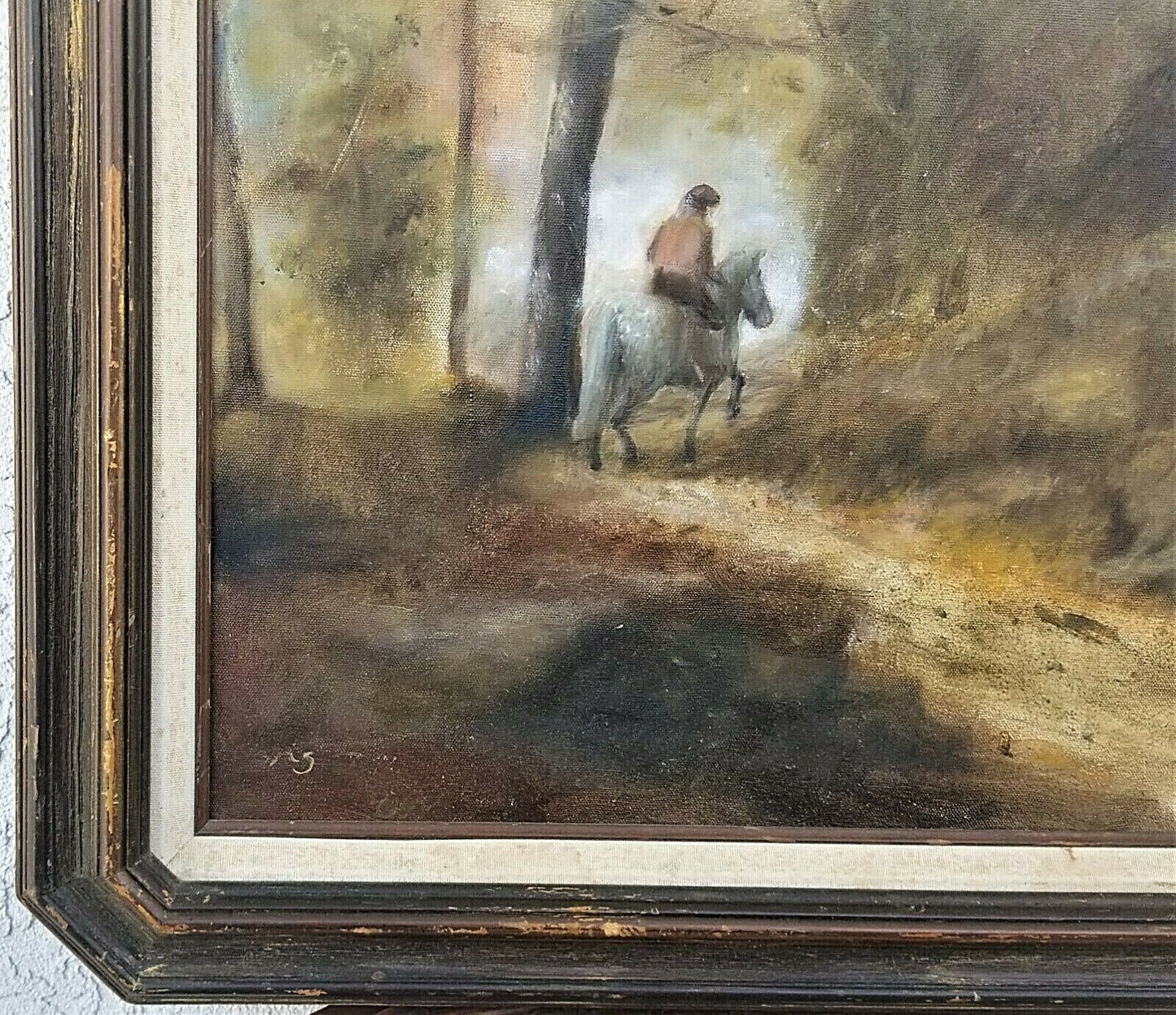 Vintage Signed "A. S." Horse and Rider in the Forest Painting on Canvas 30 x 24