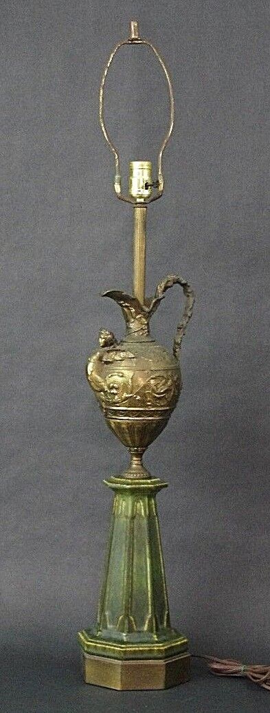 Vintage Westwood Ind Brass Cherub Angel Ewer Pitcher Ceramic Table Lamp 40"