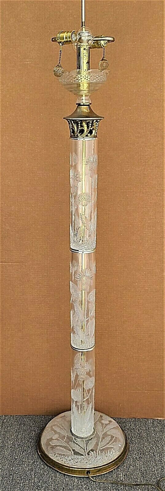Vintage Signed Cut Thistle Pattern Lead Crystal Dual Light Floor Lamp 67"