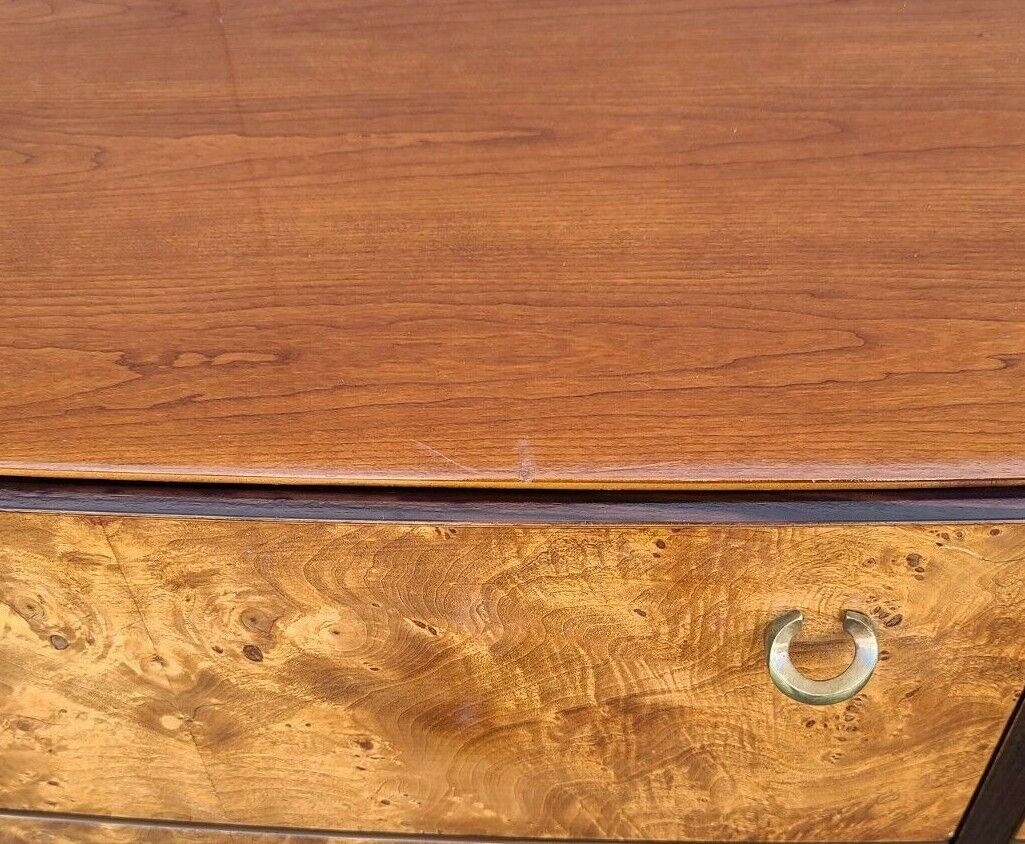 Vtg Mid Century Modern HICKORY WHITE Briar Burl Wood with Brass Pulls Dresser