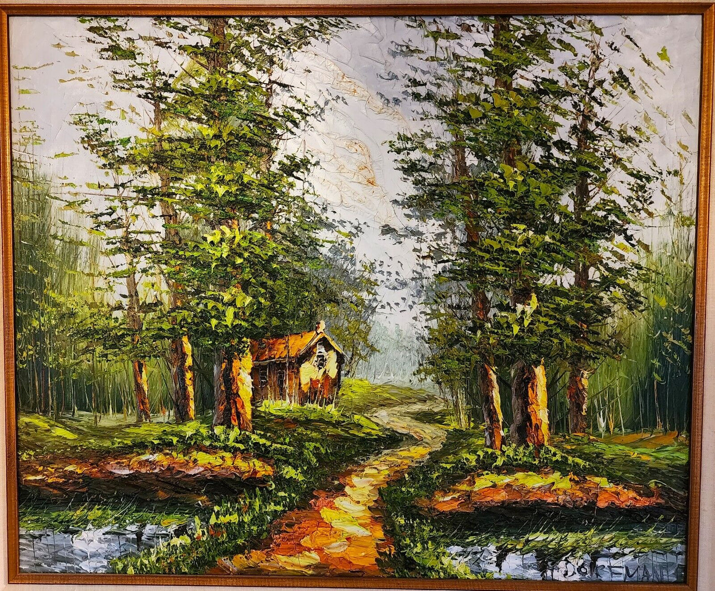 Landscape Oil Painting Signed DORFMAN Vintage Cabin in Woods