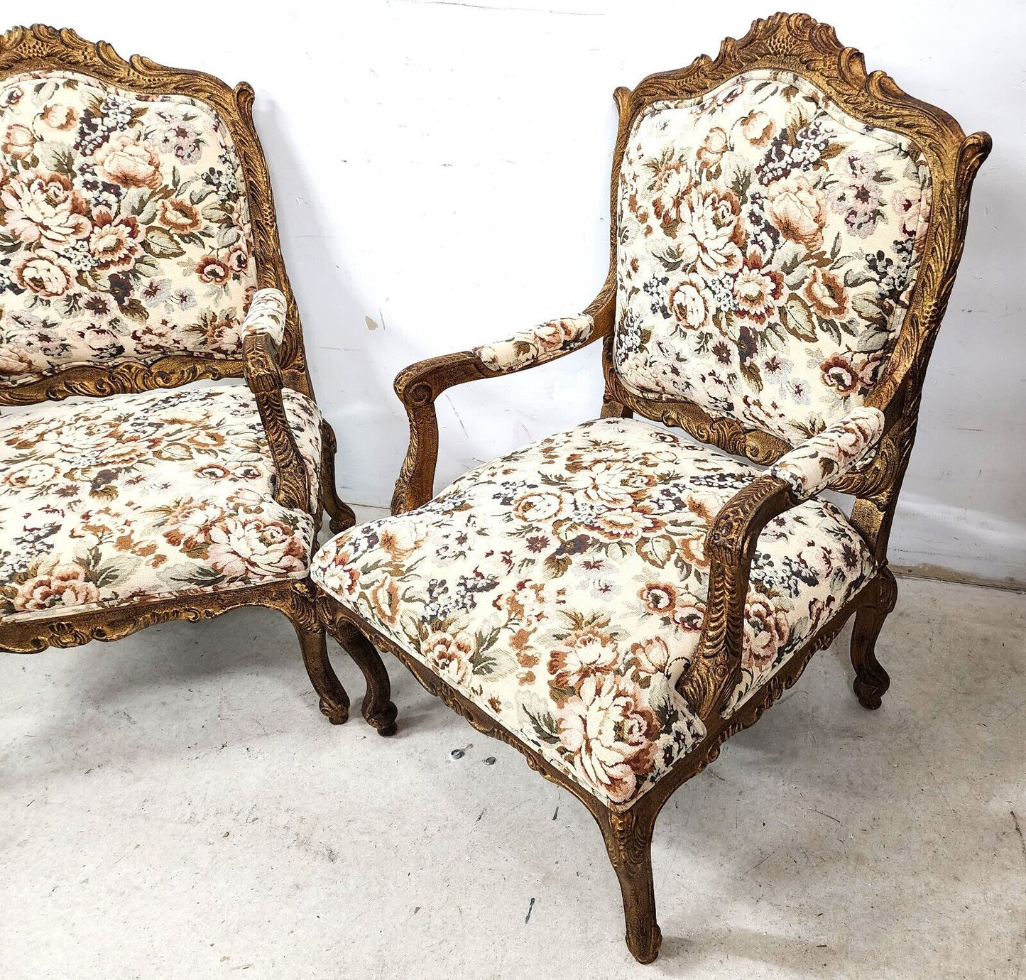 French Louis XV Rococo Giltwood Fauteuil Oversized Armchairs - a Pair