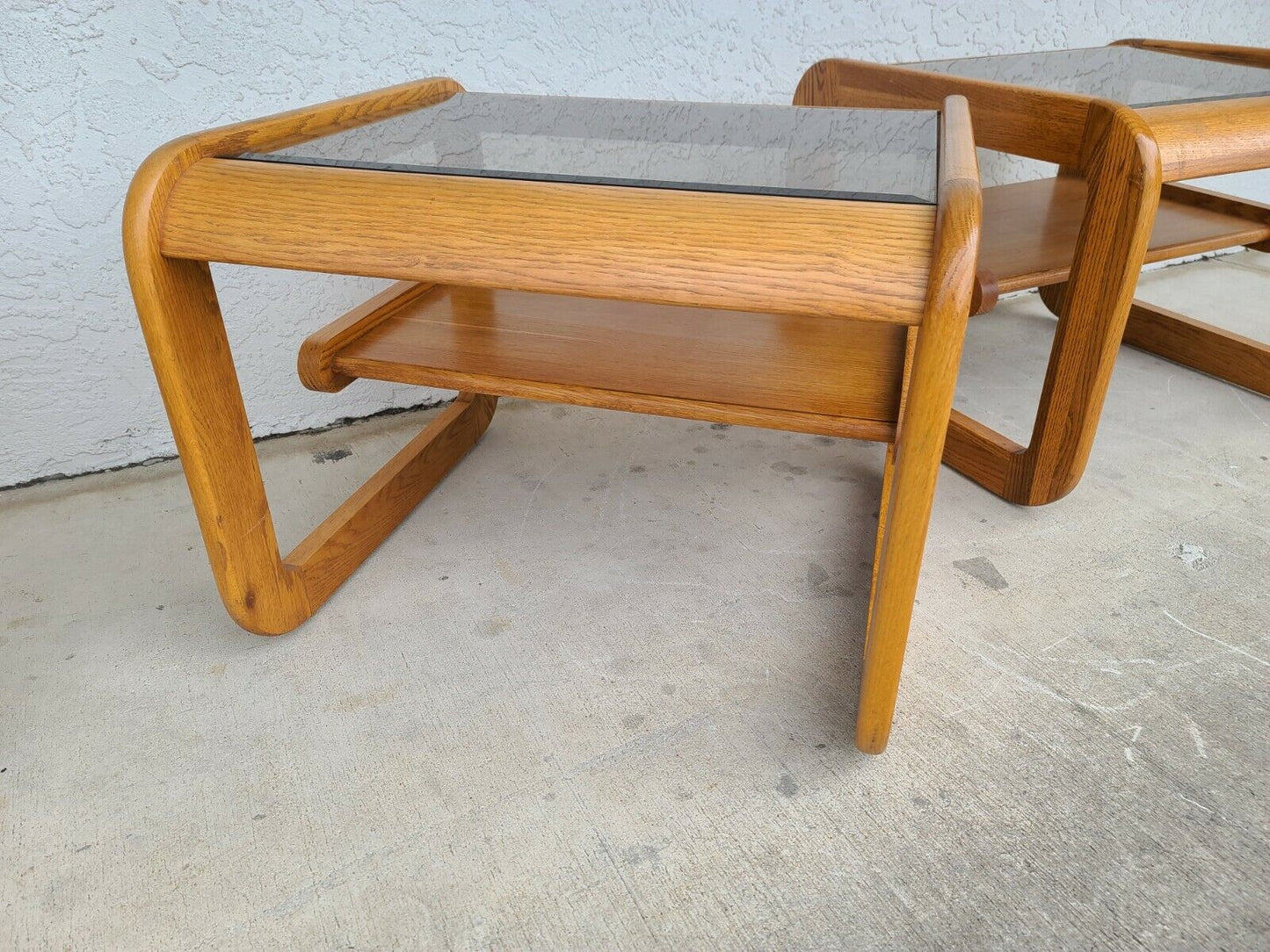 (2) 1970's Mid Century Modern Hodges Mersman Oak Smoked Glass End Tables