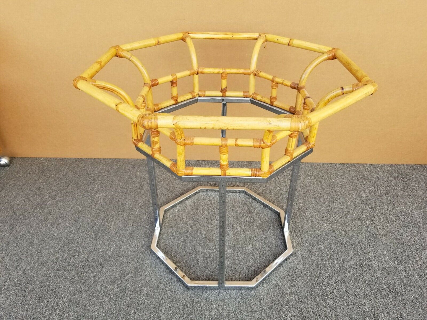 Vintage MCM Milo Baughman Style Chrome Bamboo Rattan Glass Dining Gaming Table