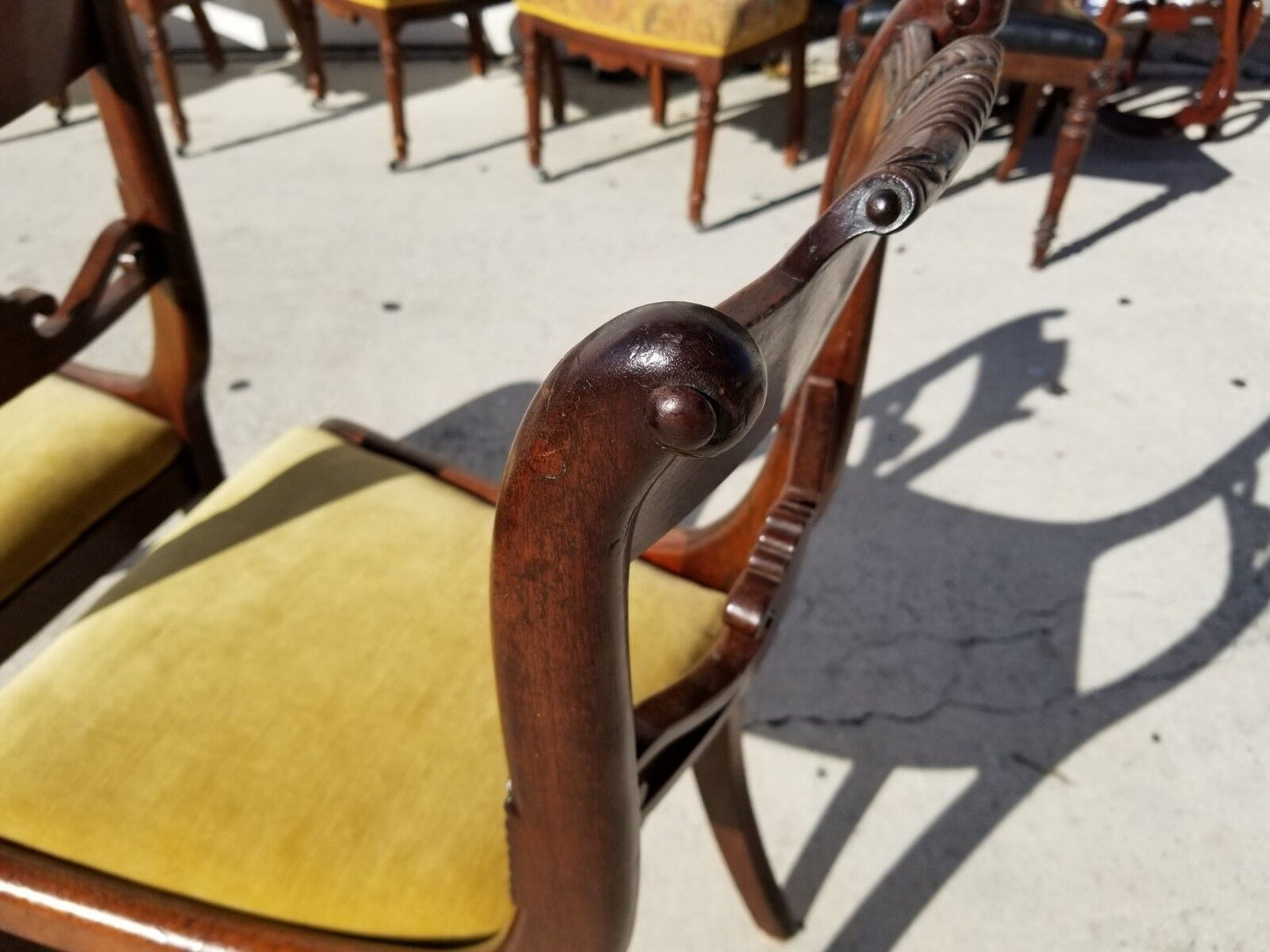 (1) ONLY William IV ca 1830 Hand Carved Mahogany Chairs Burl Bar Back Brass Inlay