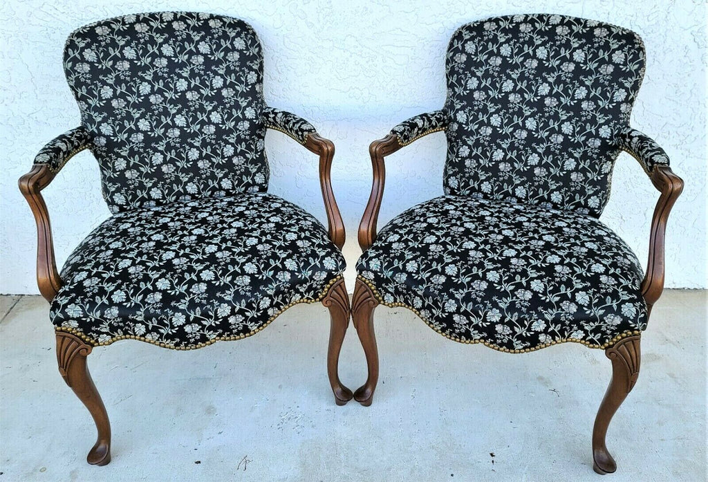 Vintage French Country Provincial Walnut Fauteuil Armchairs - A Pair