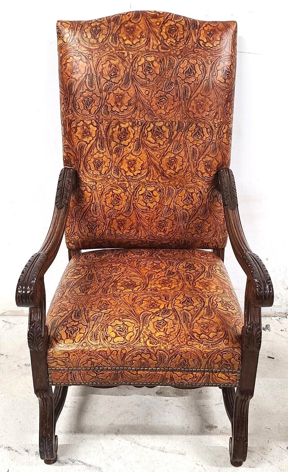 Antique French Hand Colored Tooled Leather Throne Armchair
