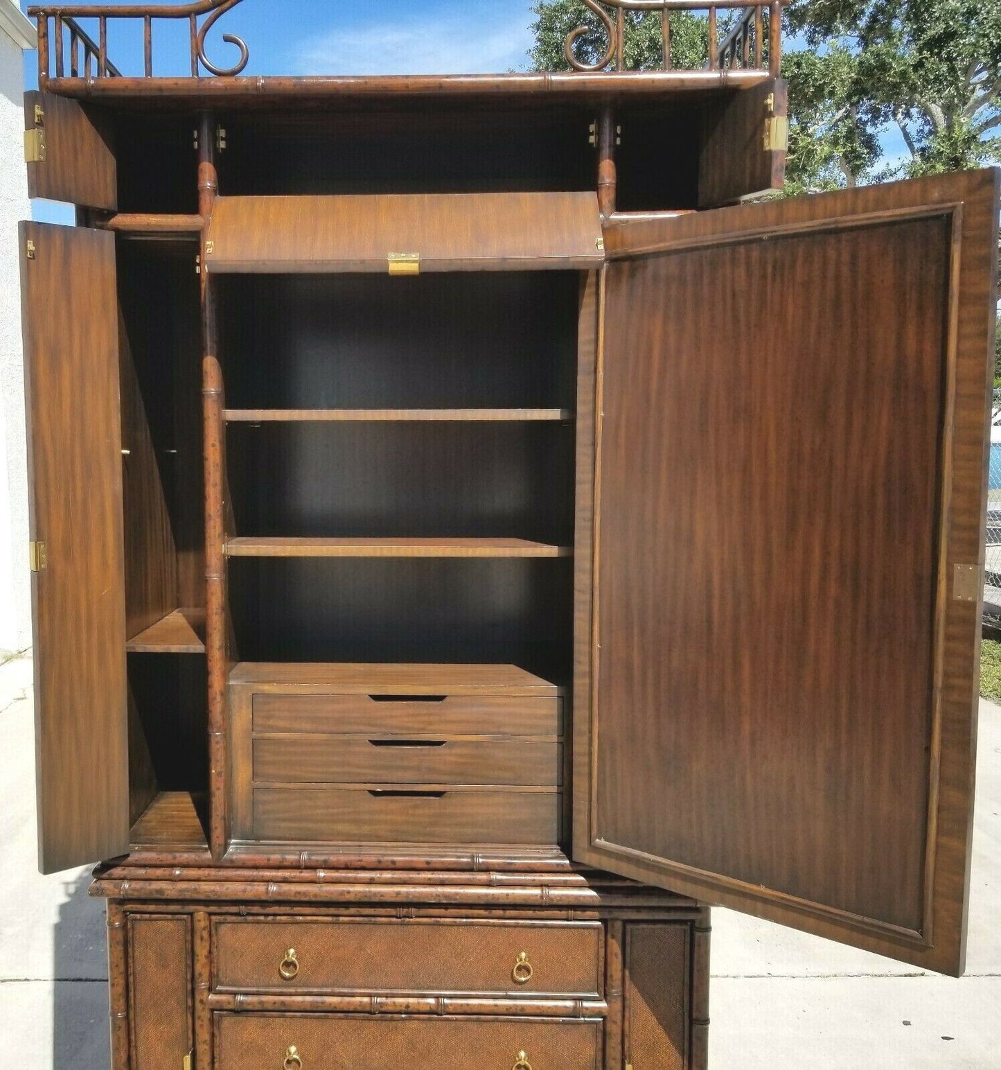 MAITLAND SMITH Asian Chinoiserie Chippendale Wardrobe Armoire Bamboo Wicker