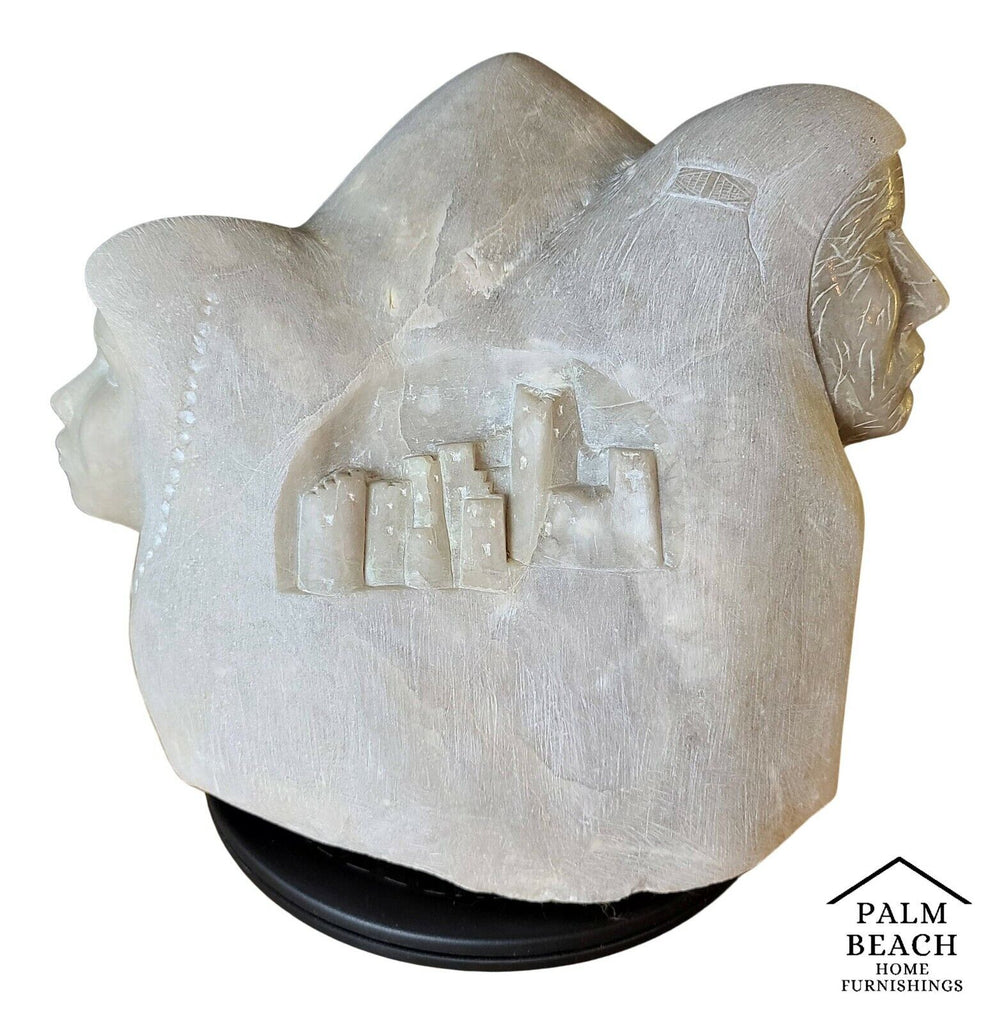 Monumental Signed Native American Alabaster Sculpture Man Woman Child Village