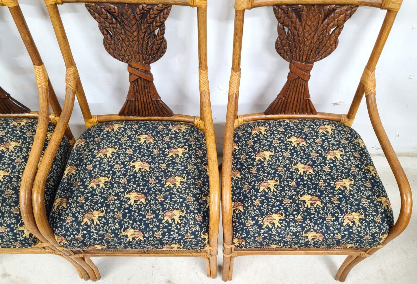 (4) Vintage Bamboo Bentwood Rattan Wheat Back Dining Armchairs