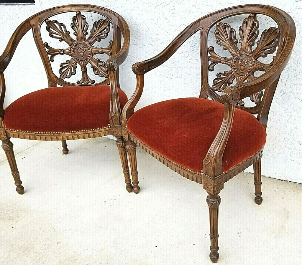 Pair of Antique Hand Carved Walnut French Provincial Accent Statement Armchairs