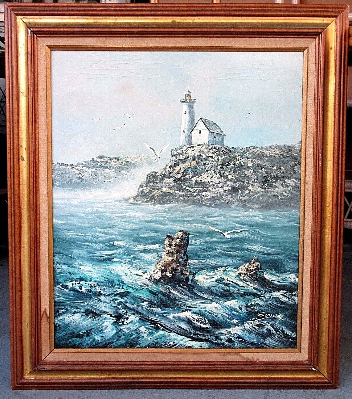 Vintage 3D Impasto OIL CANVAS Painting LIGHTHOUSE SEASCAPE Signed " Sidney "