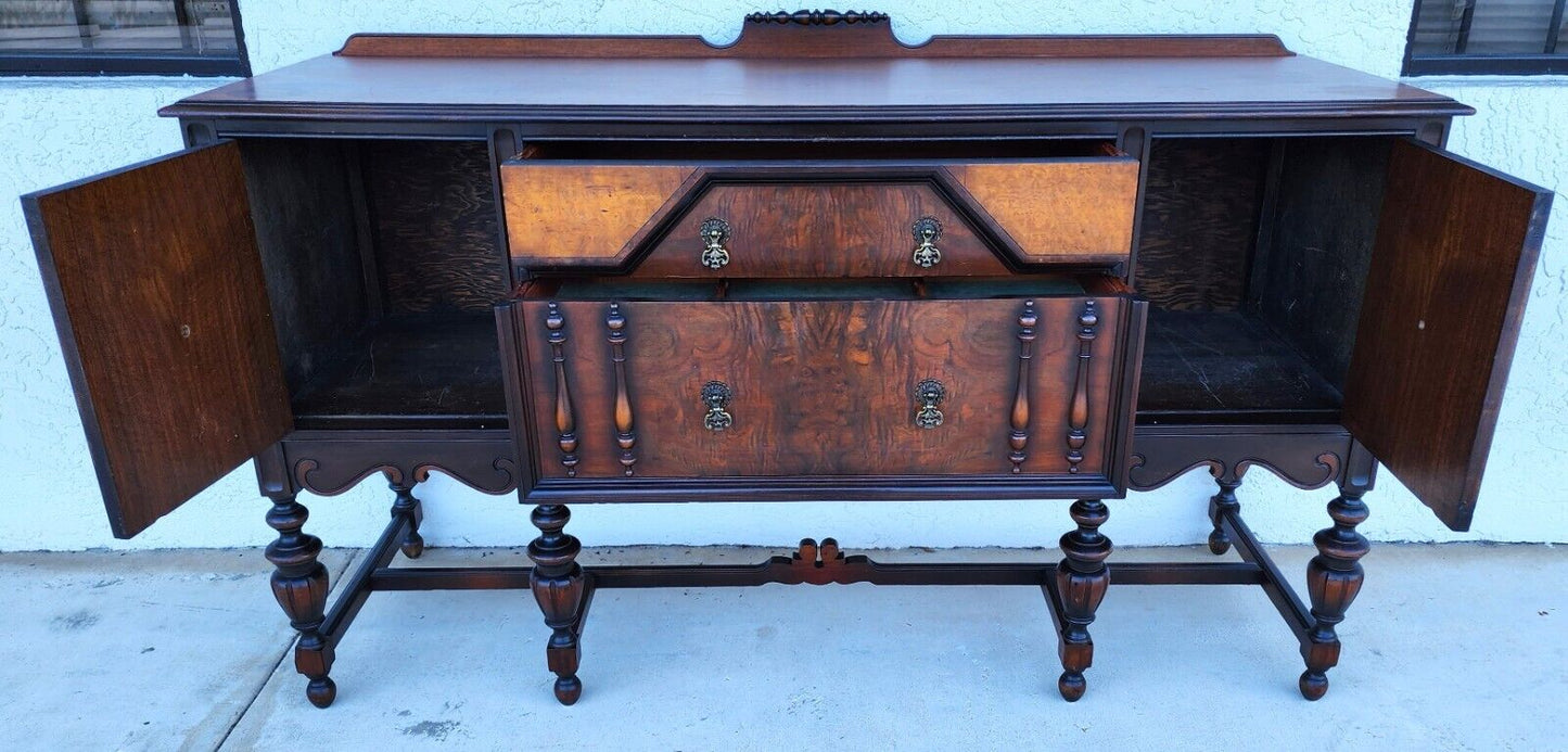 Antique Buffet Sideboard Jacobean Revival Walnut Burled Early 20th Century