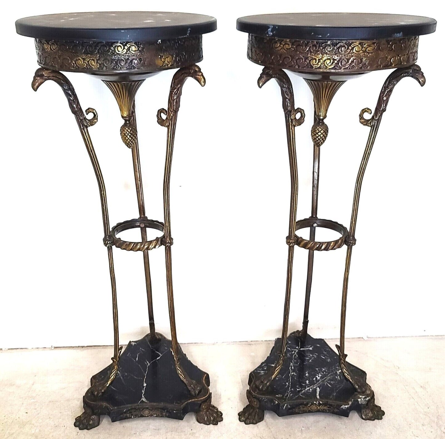 Antique Grand Entrance Italian Brass Griffins & Marble Display Stands - A Pair